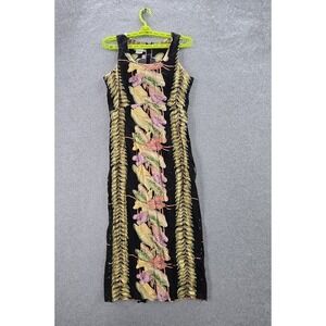 VINTAGE Hilo Hattie Women Dress 12 Black Floral Maxi Sheath Sleeveless